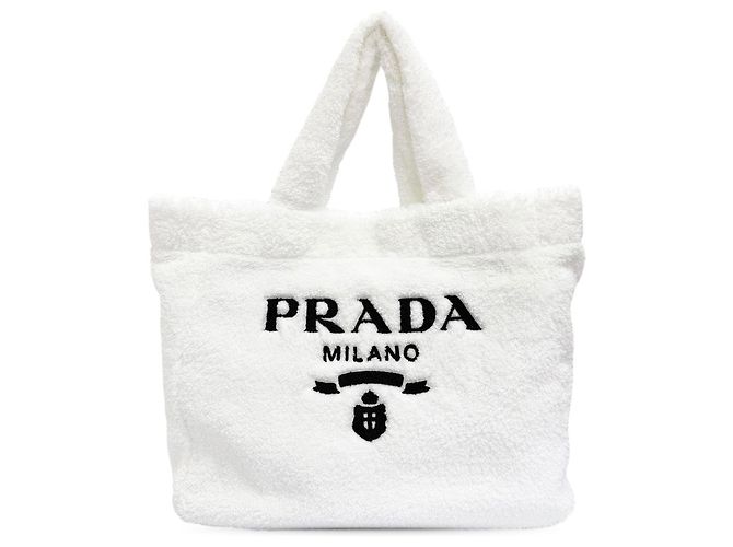 Prada White Spugna Terry Cloth Logo Tote Weiß