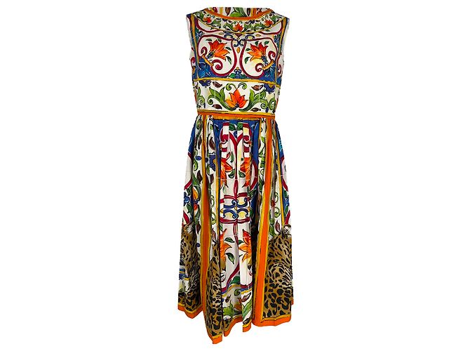 Abito midi Dolce & Gabbana con stampa Majolica in cotone multicolore