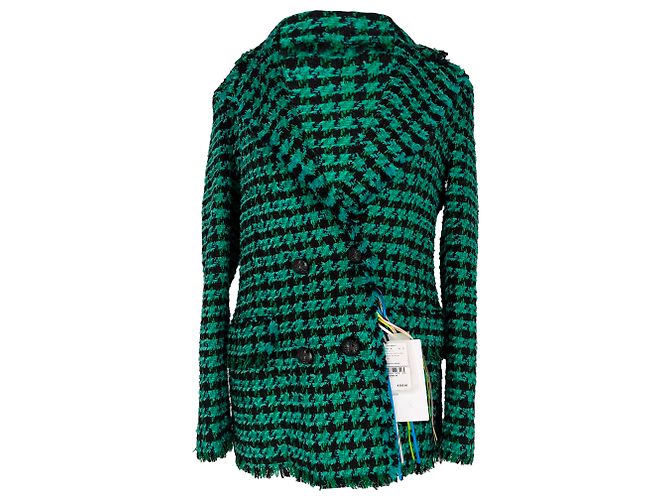 MSGM Houndstooth Double-Breasted Blazer in Green Cotton