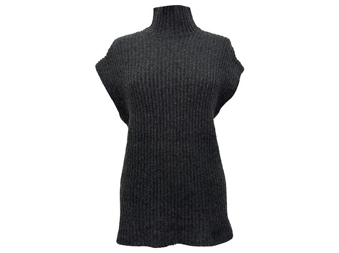 Sweater sem mangas de malha canelada com gola alta Ganni em lã cinza