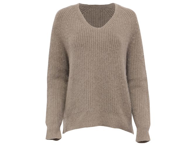 Nili Lotan V-Ausschnitt Zopfstrickpullover aus braunem Kaschmir