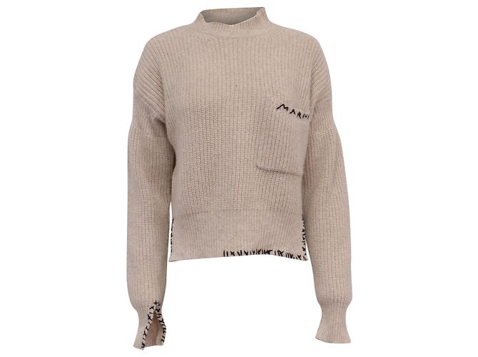 Marni Pullover aus beiger Wolle mit besticktem Logo 