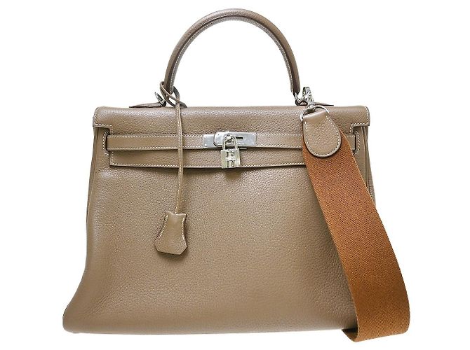 Hermès Kelly Etoupe Clemence com Hardware Palladium 35 Bege