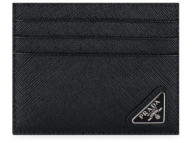 Prada Men's Triangle Logo Saffiano Leather Card Holder Black