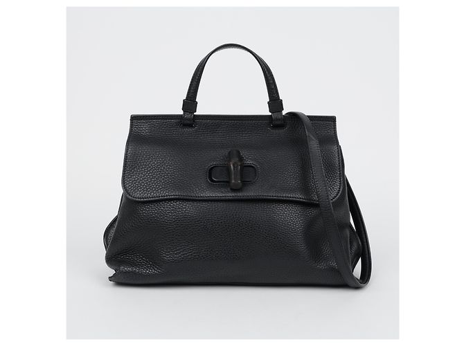 Bamboo Gucci Bolsa de mão e de ombro em couro com detalhe de fecho em bambu, Preto