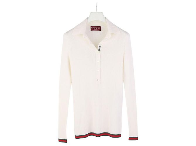 Gucci Besticktes Polohemd aus Kaschmir und Seide Weiß
