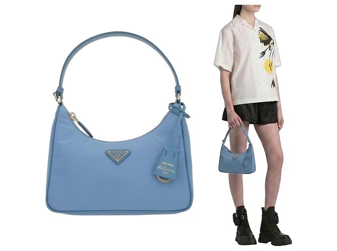 Prada Sac Hobo Re-Nylon avec logo triangle Bleu