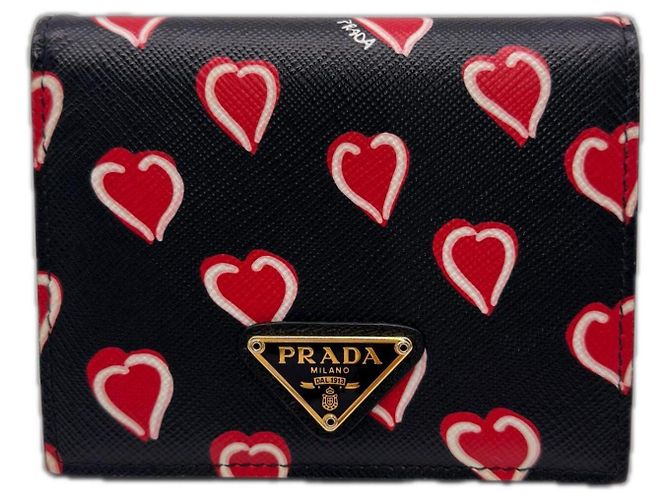 Prada Saffiano Triangle Bi-fold Wallet Black Red