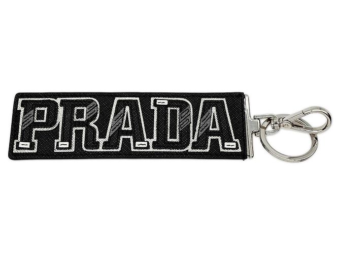 Prada Logo Leather Keyring in Black and Silver Silvery