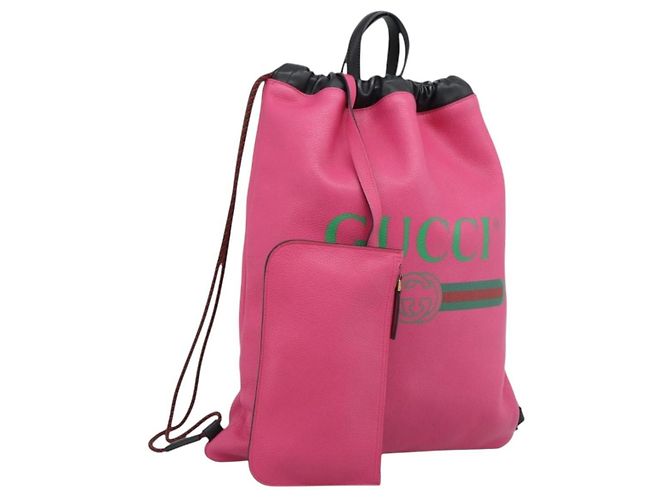 Gucci Logo Drawstring Printed Leather Medium Rosa