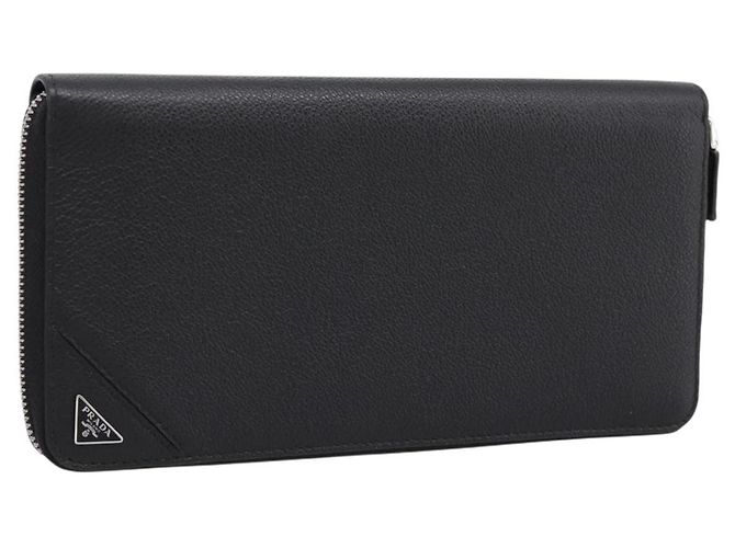 Cartera larga redonda PRADA Organizer de cuero negro plata Auth am12253M