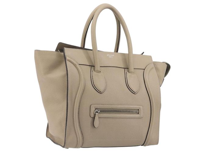 Céline CELINE Luggage Medium Hand Bag Leather Beige Silver Auth 197325A Prata Bege