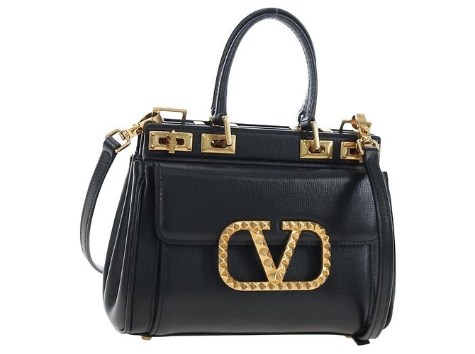 Borsa VALENTINO Rock Studs in pelle 2way Nero Oro Auth 195239M D'oro