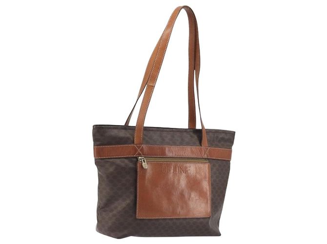 Céline Bolsa de Ombro CELINE Macadam Canvas PVC Leather Brown Gold Auth 196695A Marrom Dourado