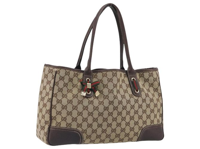 GUCCI GG Canvas Web Sherry Line Tote Bag Braun Gold 163805 Auth mr2841 Golden