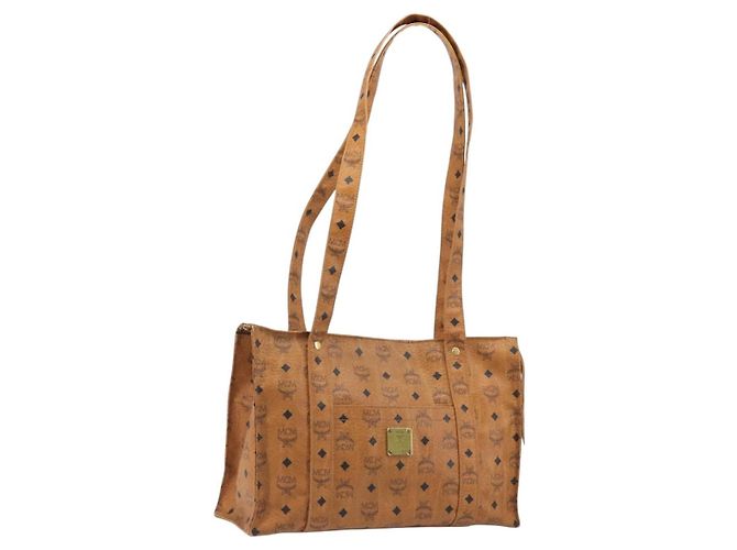 Bolsa Tote MCM Vicetos PVC Couro Marrom Tom Dourado Auth BA14772