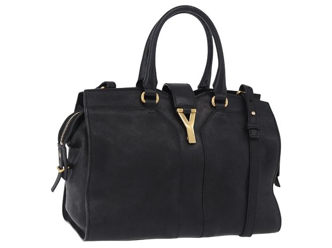 SAINT LAURENT Cabas Handtasche Leder 2way Schwarz Gold Auth am12406V Golden