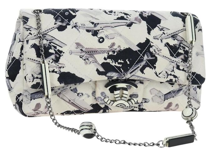 Borsa a tracolla CHANEL Matelasse 25 Airline Canvas Bianco Argento CC Auth 195237SAM