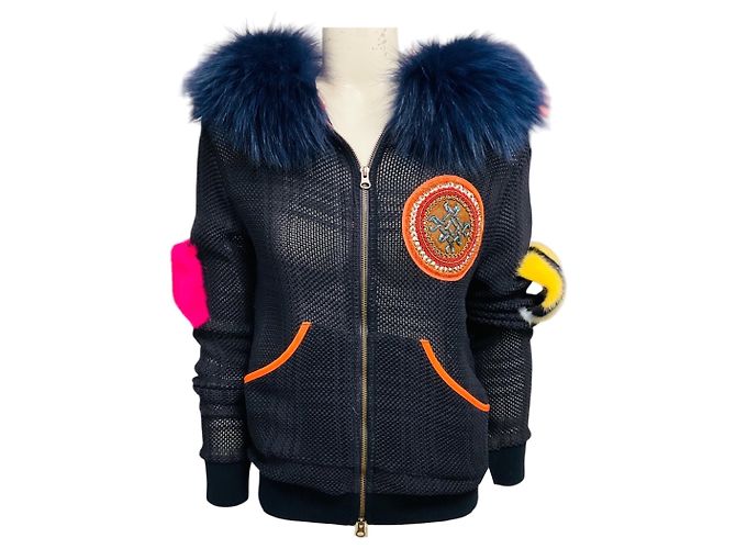 Sweater de malha mesh azul com capuz e fecho frontal Mr & Mrs Italy com acabamento em pele