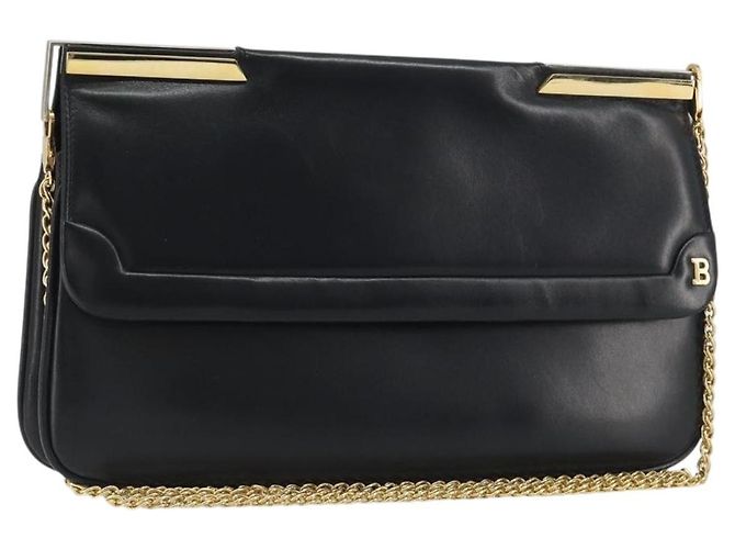 Bolsa de Ombro com Corrente BALLY em Couro Preto e Ouro Auth 196292 Dourado