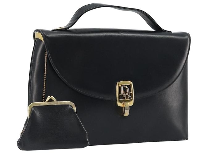 Bolsa de mão Christian Dior em couro de bezerro Preta e Dourada Auth 196420 Preto