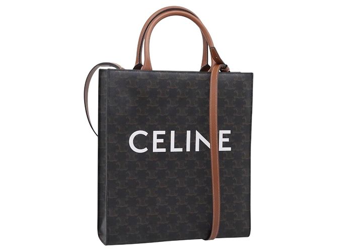 Céline CELINE Macadam Canvas Vertical Cabas Small Hand Bag PVC Brown Gold Auth 196692V Marron Doré