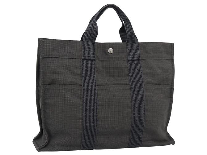 Hermès Bolsa HERMES Her Line MM Canvas Cinza Prata Auth 189626 Marrom