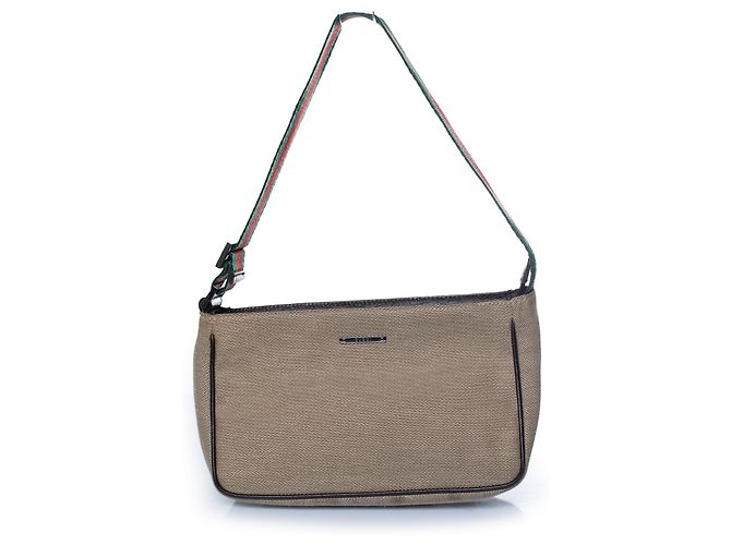 Gucci, mala pequena de canvas bege com webbing