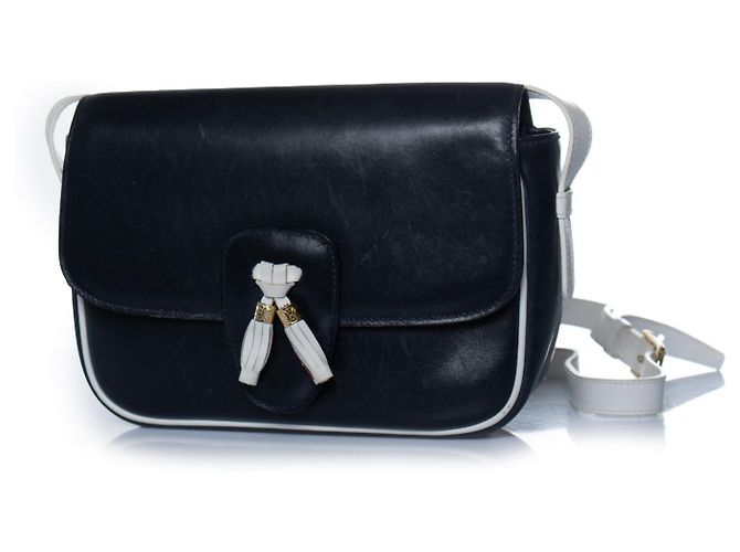 Céline Celine, Bolsa de couro preta com pompom e detalhes brancos Preto