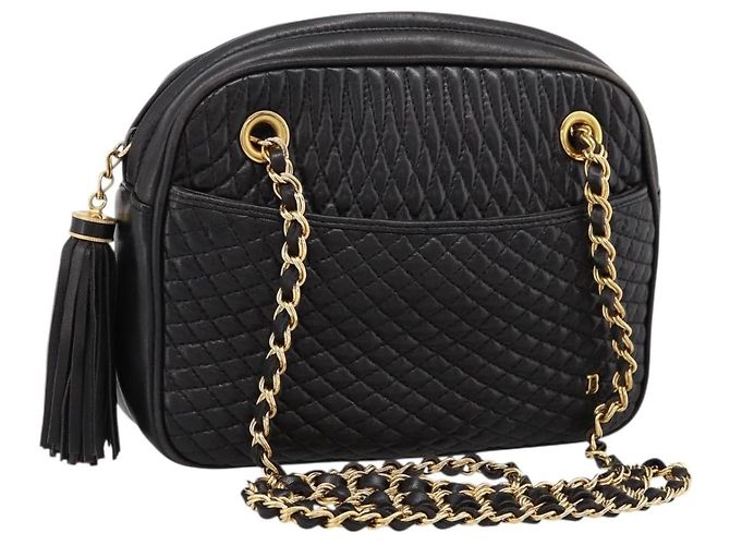 Borsa a tracolla con catena BALLY in pelle nera e oro Auth 196400A Nero