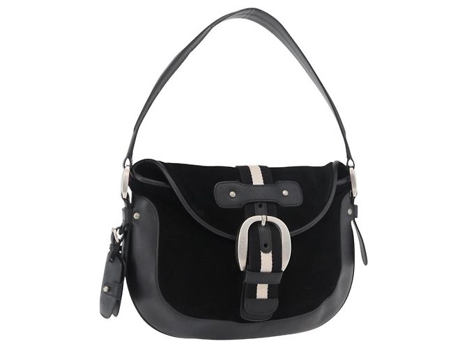 Sac à épaule BALLY en cuir daim Noir Argent Auth sw721A