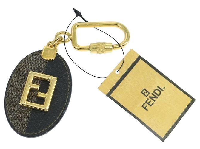Pequin FENDI Pecan Canvas Key Holder Black Brown Auth ac3485