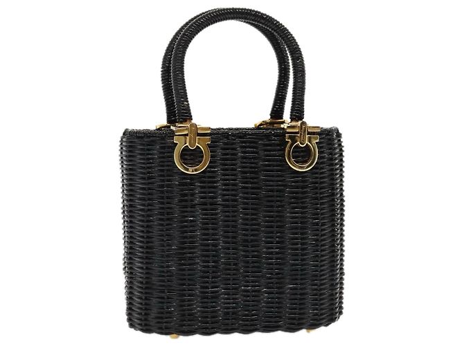 Borsa Salvatore Ferragamo Gancini in vimini nera e oro Auth 90245AM Nero D'oro