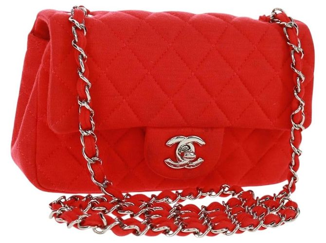 Borsa a tracolla CHANEL Matelasse 20 con catena in cotone rosso e CC argento Auth 167964SAV