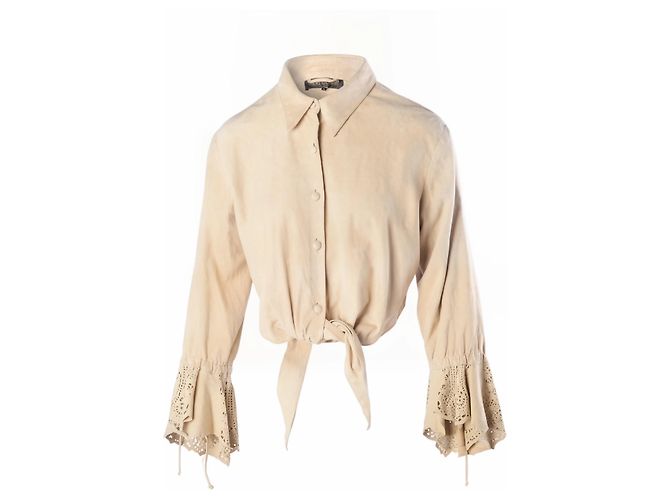 Roberto Cavalli Bluse aus beigem Wildleder mit Spitzenbesatz und Bindevorderseite