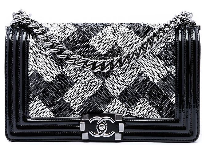 Borsa a tracolla Chanel Boy Flap Old Medium in paillettes e vernice nera Nero