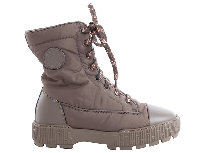 Hermès Fresh Nylon & Leather Ankle Boots in Greige, Size EU 38 Grey