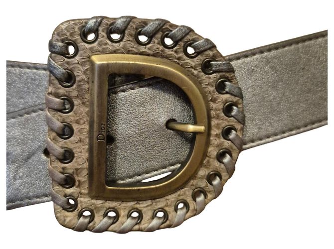Christian Dior Gürtel aus silbernem Leder und Python Python drucken Metallisch Silber Hardware 