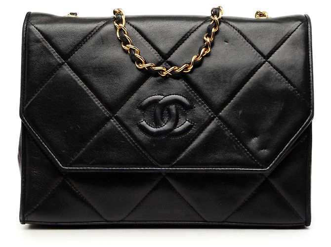Bolsa Tiracolo Chanel CC em pele de cordeiro acolchoada preta com corrente Preto