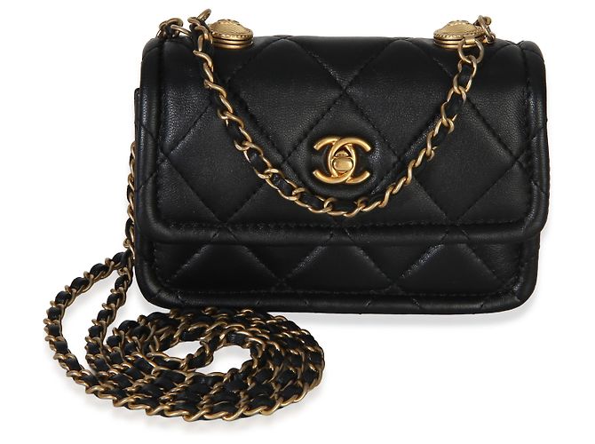 Gabrielle Bolsa Extra Mini Flap em pele de cordeiro brilhante acolchoada preta Chanel Preto 