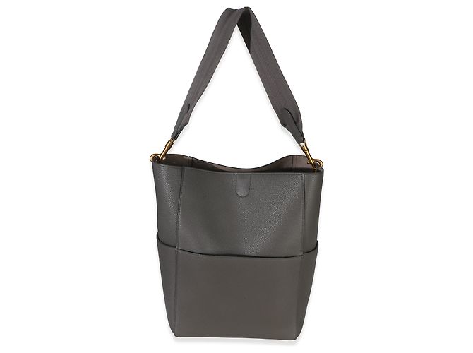 Céline Bolsa Bucket Medium Sangle Celine em Pele de Bezerro Grão Macio Cinza Marrom