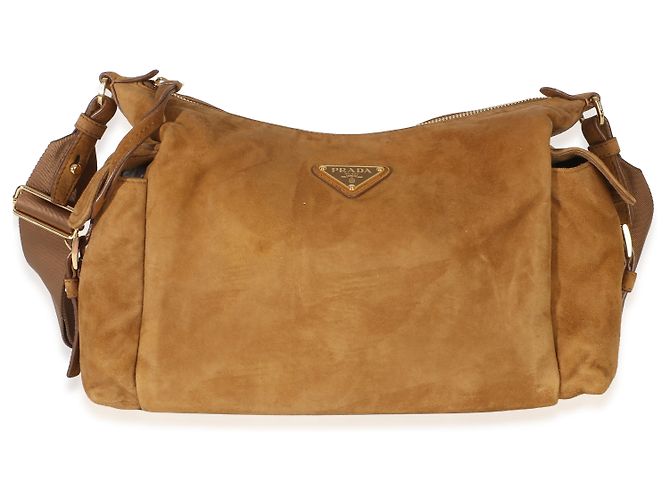 Prada Borsa a tracolla Large Explore in camoscio marrone Beige