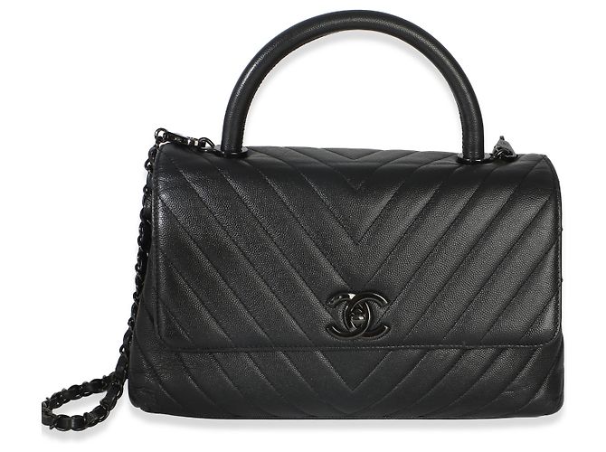 Gabrielle Bolso Chanel Small Coco Top Handle en piel Caviar negra con patrón Chevron So Black Negro