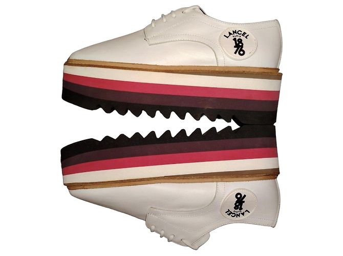 Lancel White Leather Platform Derby Shoes Brown Dark red