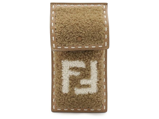 Fendi FF Logo Shearling Phone Pouch White Beige