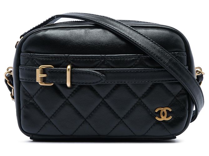 Bolsa Camera Chanel Small em pele de cordeiro acolchoada preta com fivela Preto