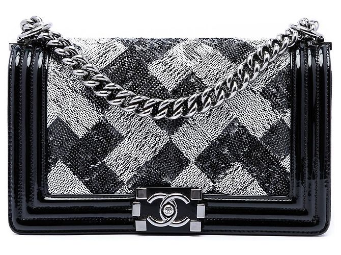 Chanel Black Old Medium Sequin And Patent Boy Flap Noir