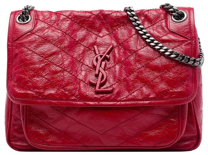 Saint Laurent Niki em couro de bezerro craquelado vermelho Medium