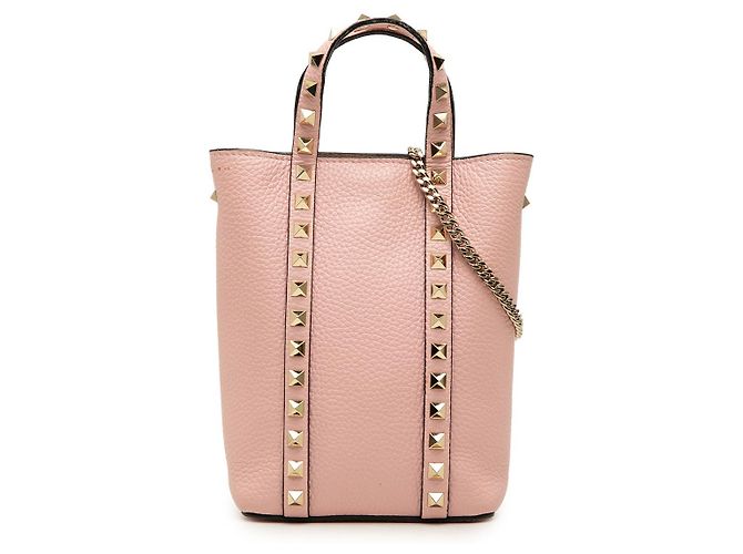 Tote Valentino Rockstud em couro de bezerro granulado rosa com corrente