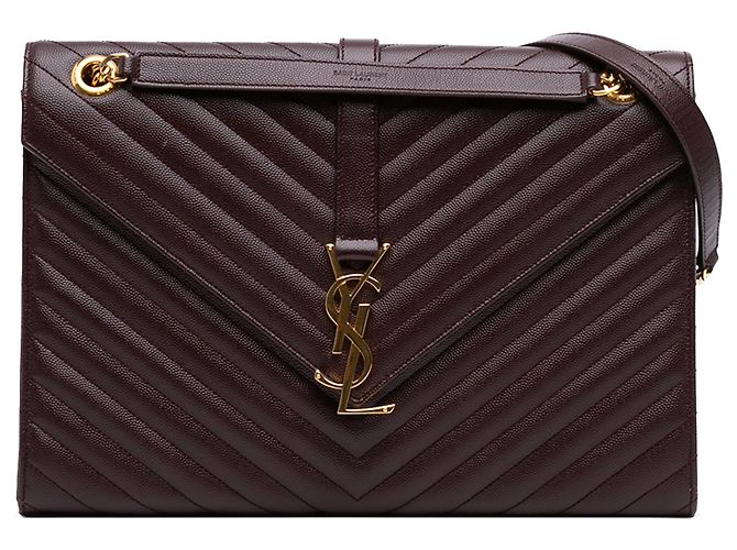 Borsa a Busta Saint Laurent Red Large Chevron Grain de Poudre Monogram Rosso Bordò